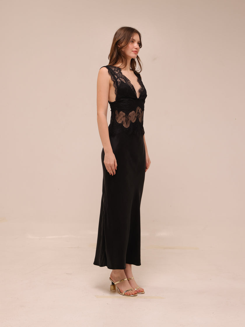 Visions Lace Deep V Maxi Dress in Ebony