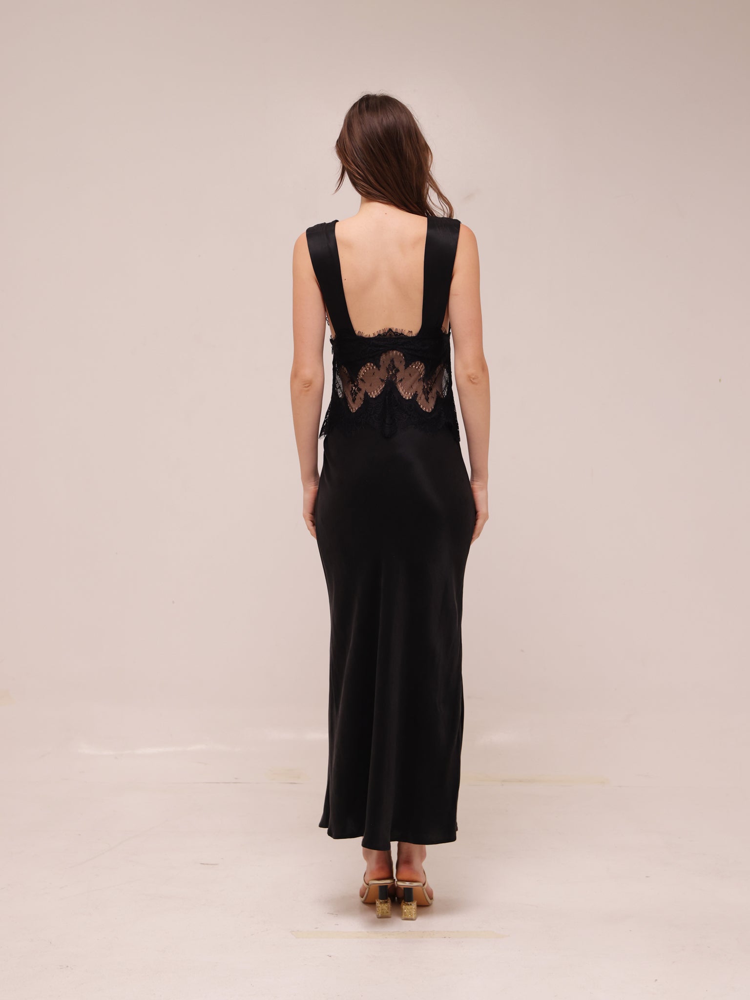 Visions Lace Deep V Maxi Dress in Ebony