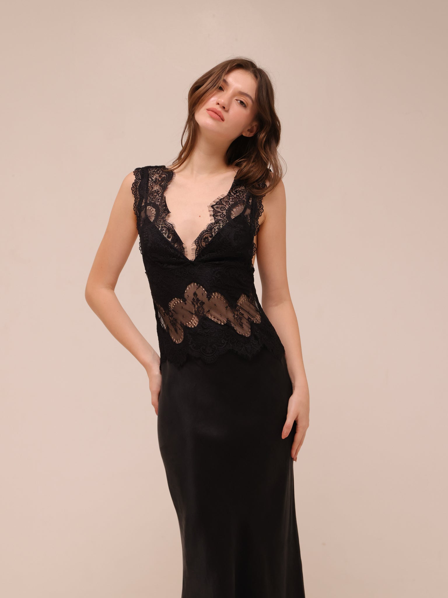 Visions Lace Deep V Maxi Dress in Ebony