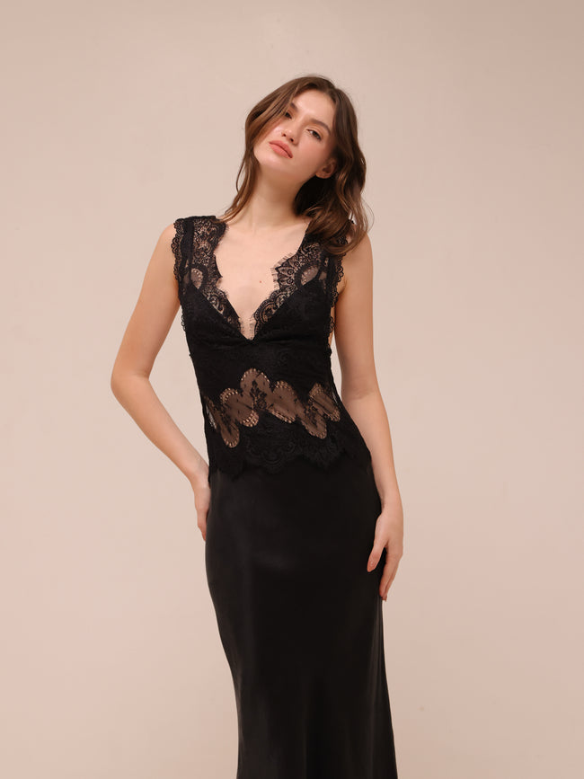 Visions Lace Deep V Maxi Dress in Ebony
