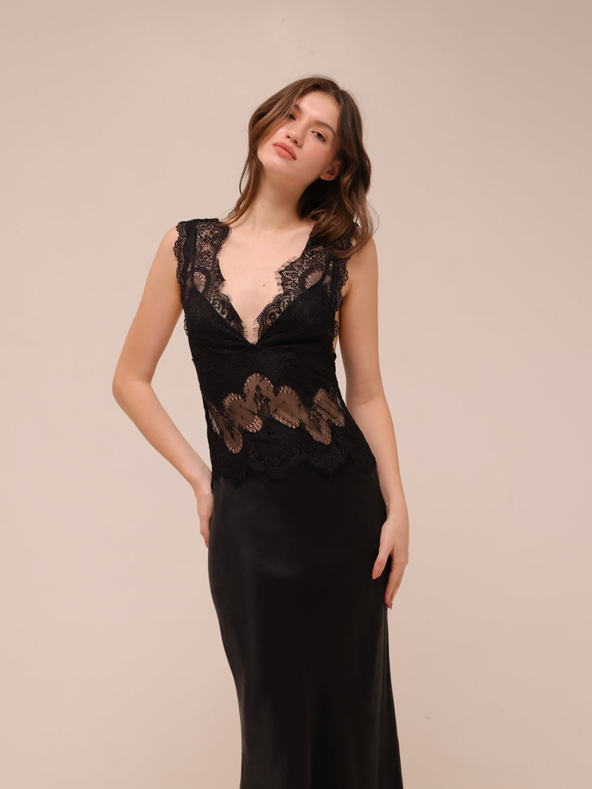 Visions Lace Deep V Maxi Dress in Ebony