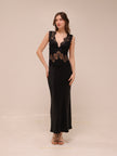 Visions Lace Deep V Maxi Dress in Ebony