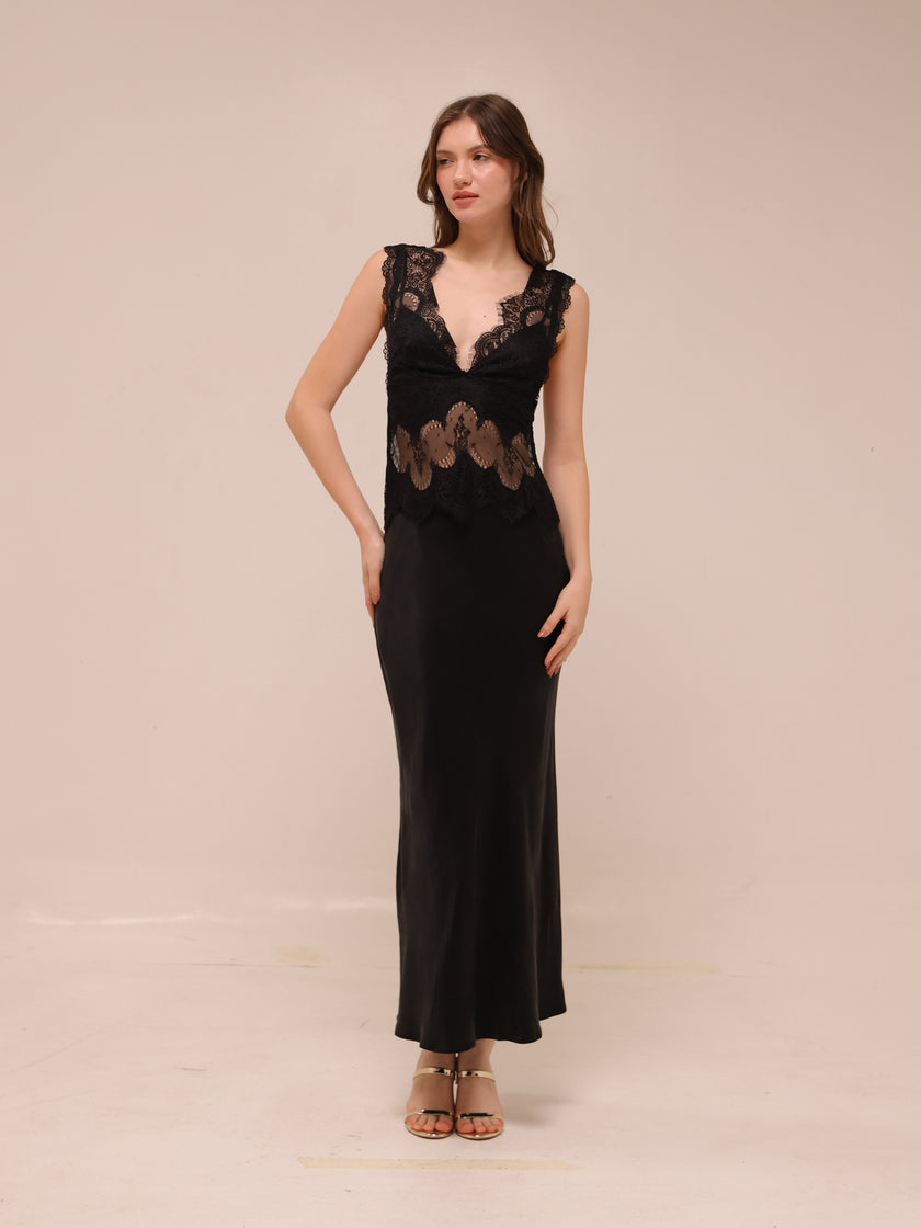 Visions Lace Deep V Maxi Dress in Ebony