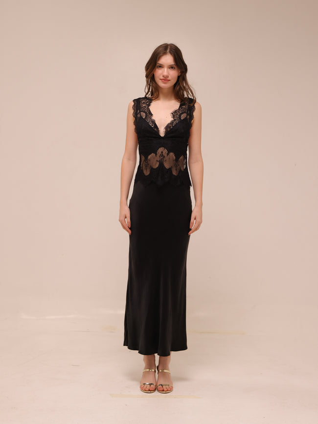 Visions Lace Deep V Maxi Dress in Ebony