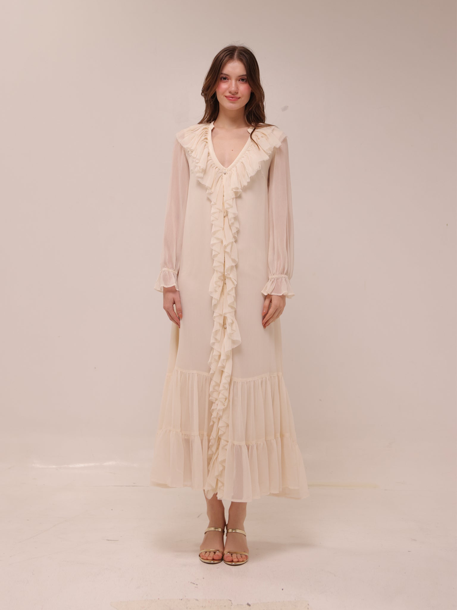 Frill Chiffon Long Sleeve Midi Dress