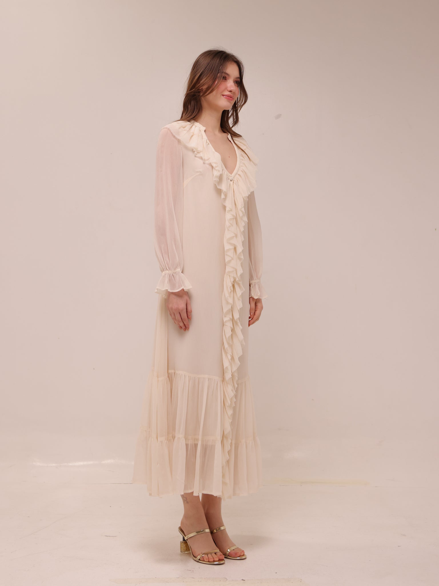 Frill Chiffon Long Sleeve Midi Dress