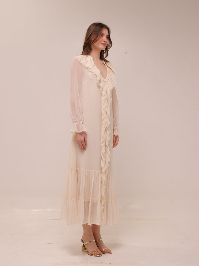 Frill Chiffon Long Sleeve Midi Dress