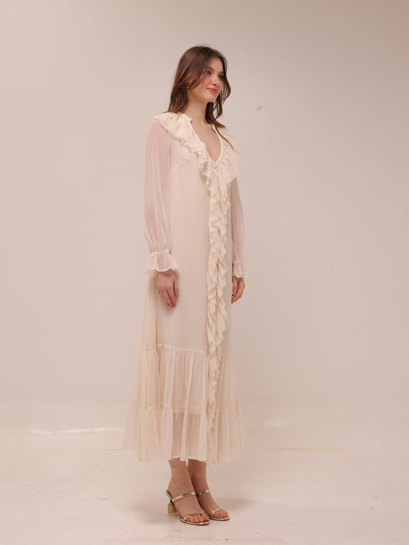 Frill Chiffon Long Sleeve Midi Dress