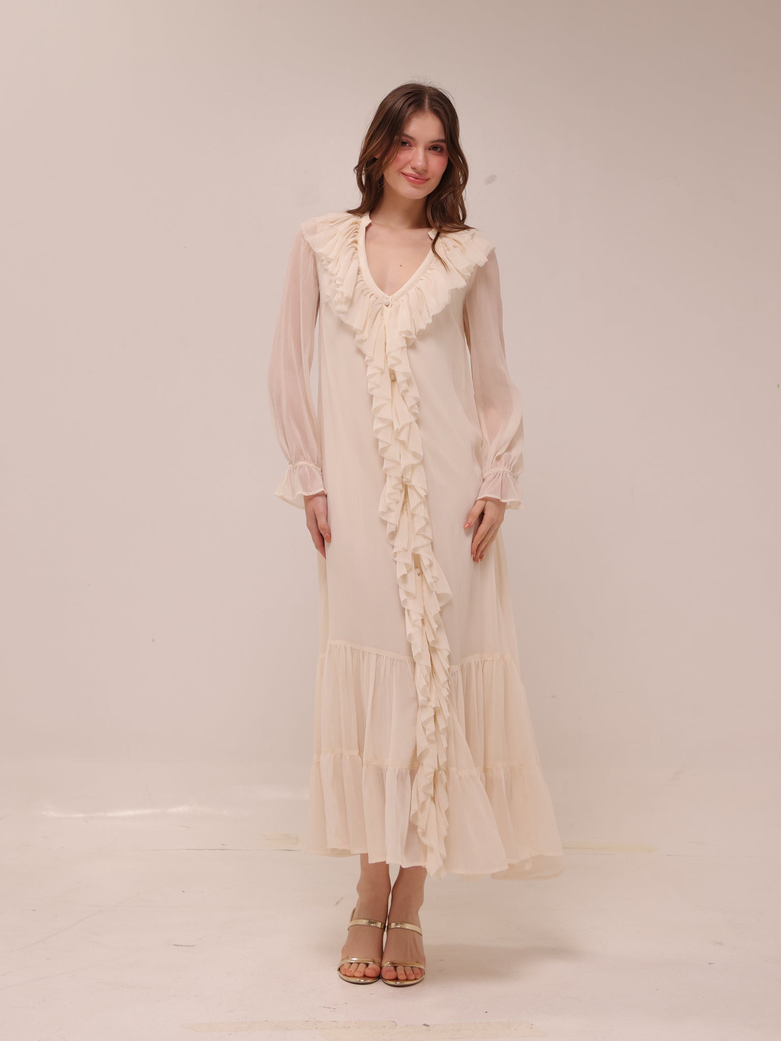 Frill Chiffon Long Sleeve Midi Dress