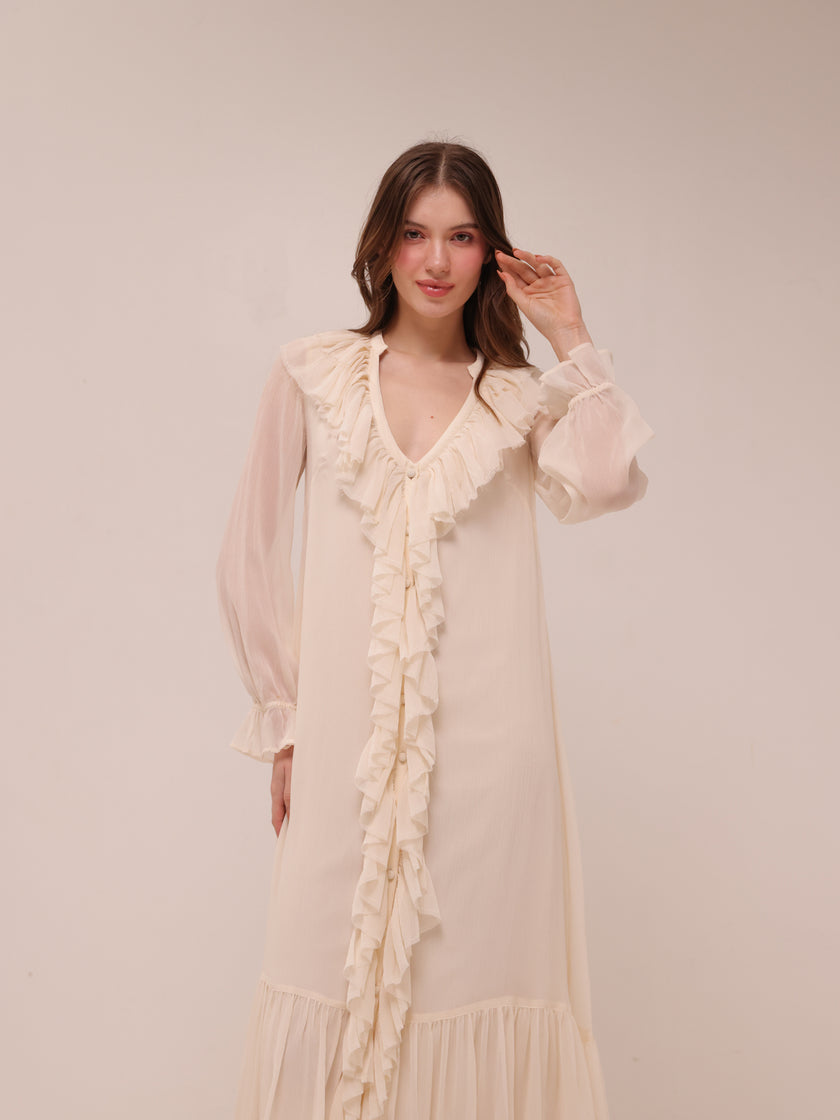 Frill Chiffon Long Sleeve Midi Dress