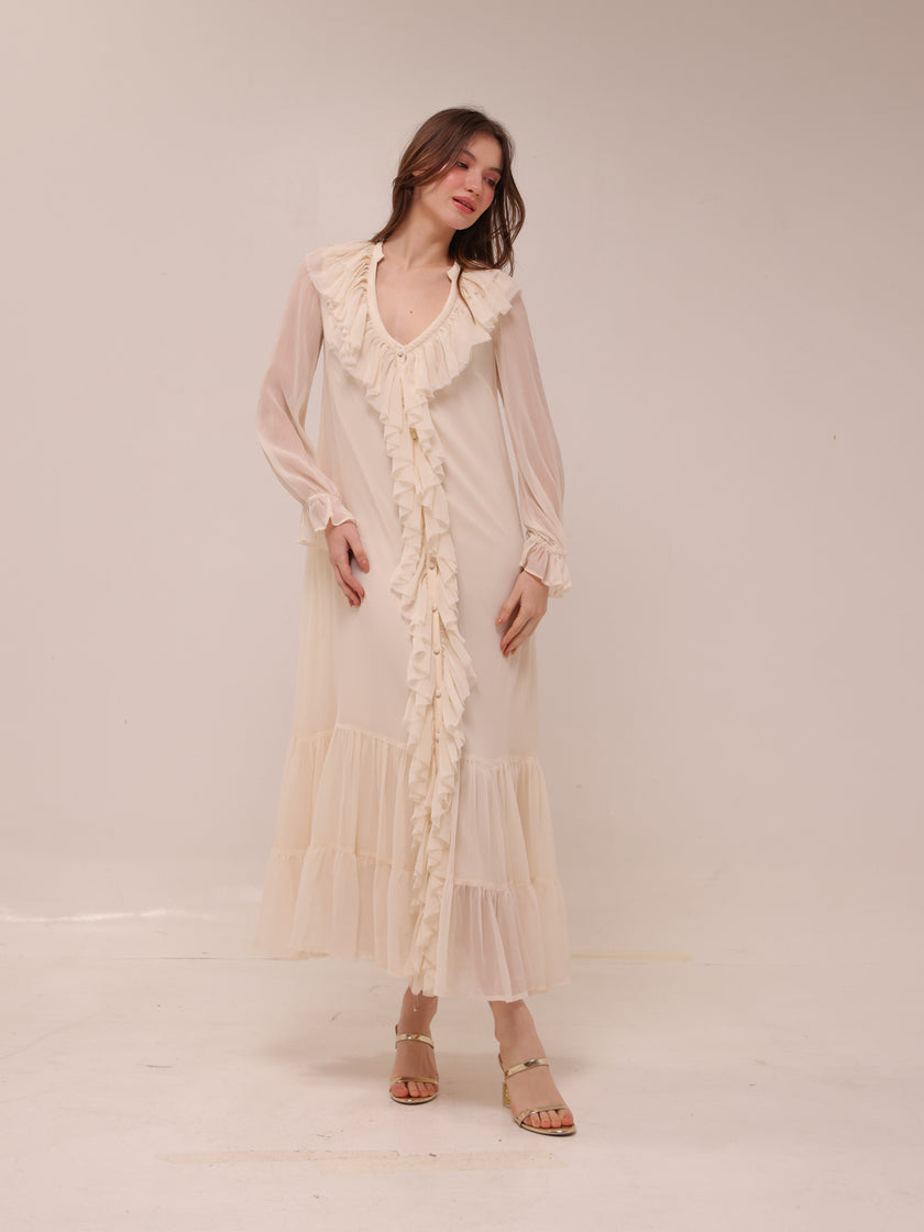 Frill Chiffon Long Sleeve Midi Dress