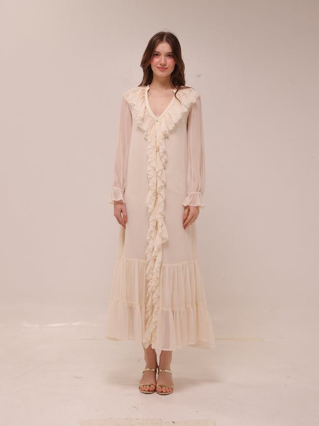 Frill Chiffon Long Sleeve Midi Dress
