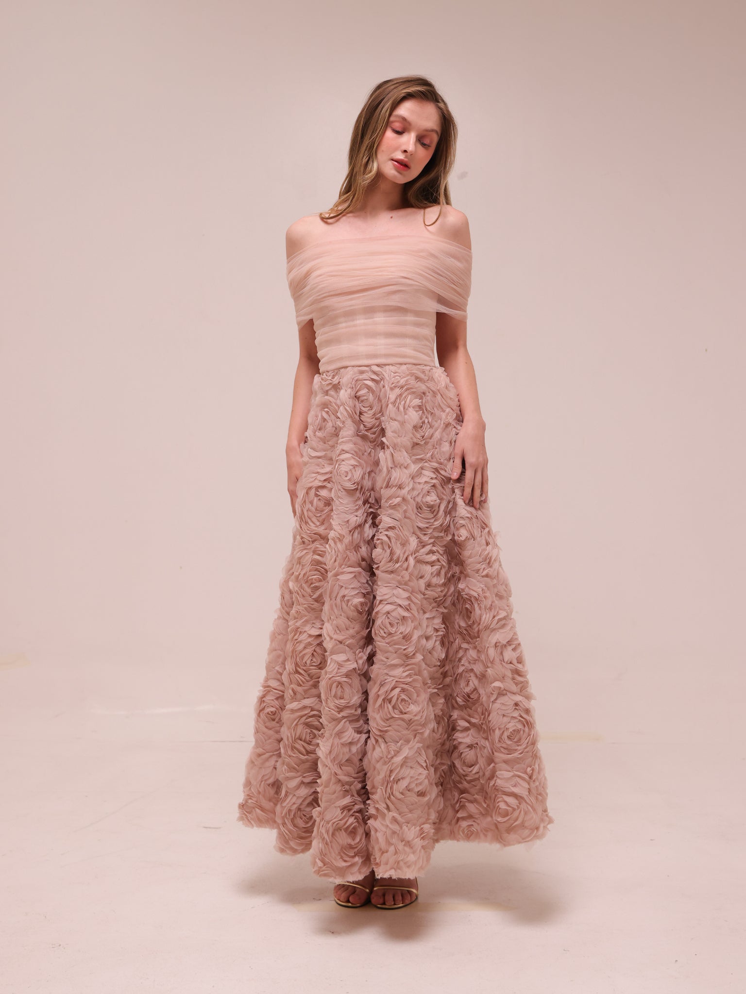 Rosette Tulle Off-Shoulder Gown