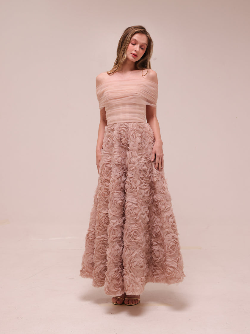 Rosette Tulle Off-Shoulder Gown