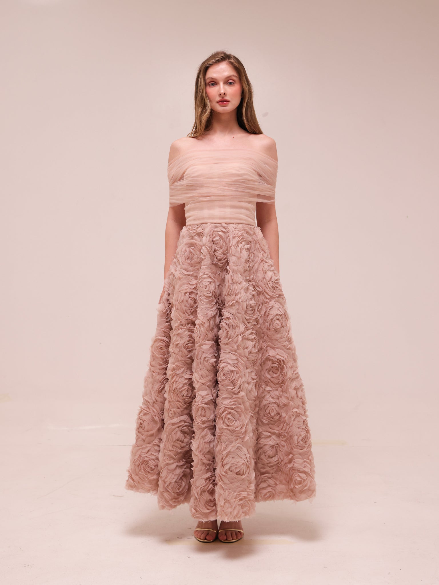 Rosette Tulle Off-Shoulder Gown