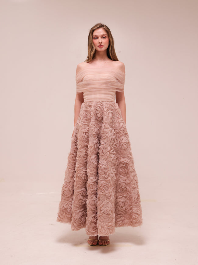 Rosette Tulle Off-Shoulder Gown