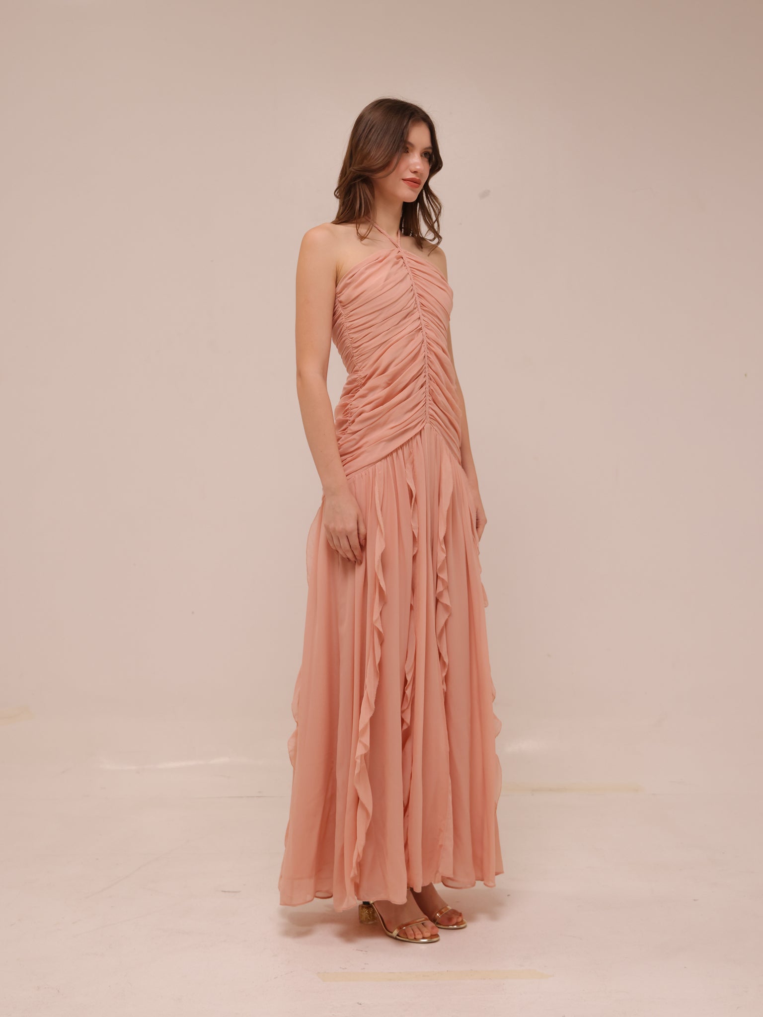 Lucine Ruched Silk Halter Dress
