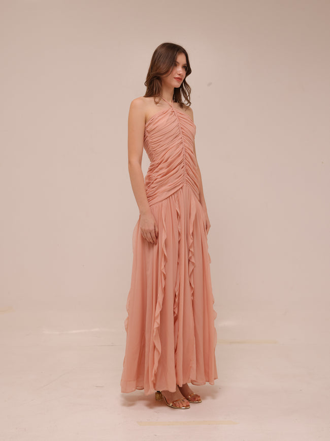 Lucine Ruched Silk Halter Dress