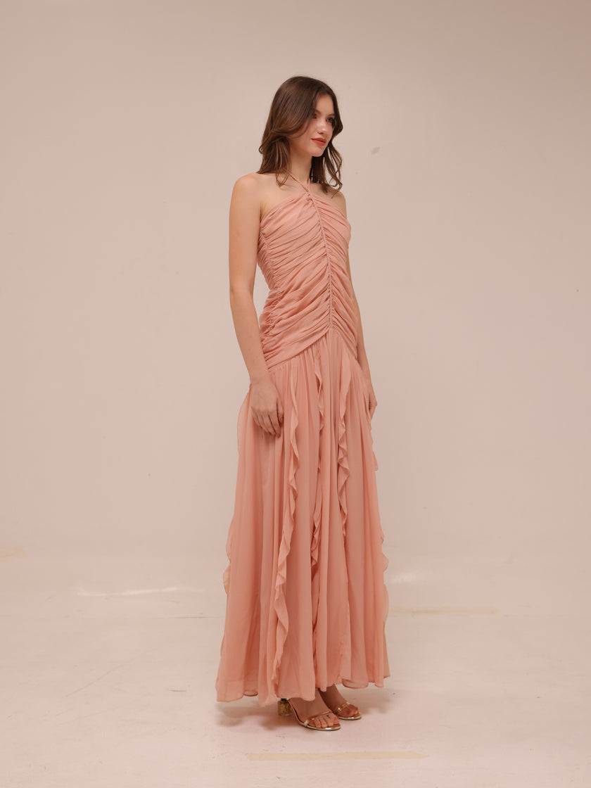 Lucine Ruched Silk Halter Dress