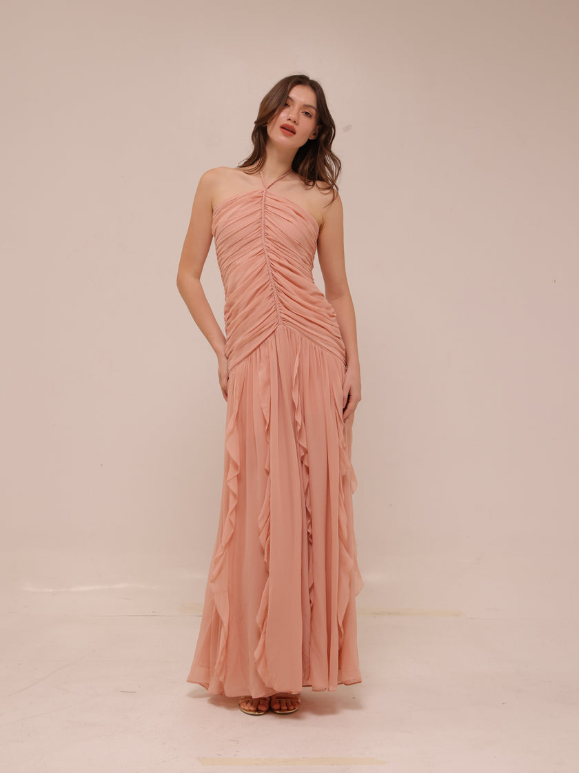 Lucine Ruched Silk Halter Dress