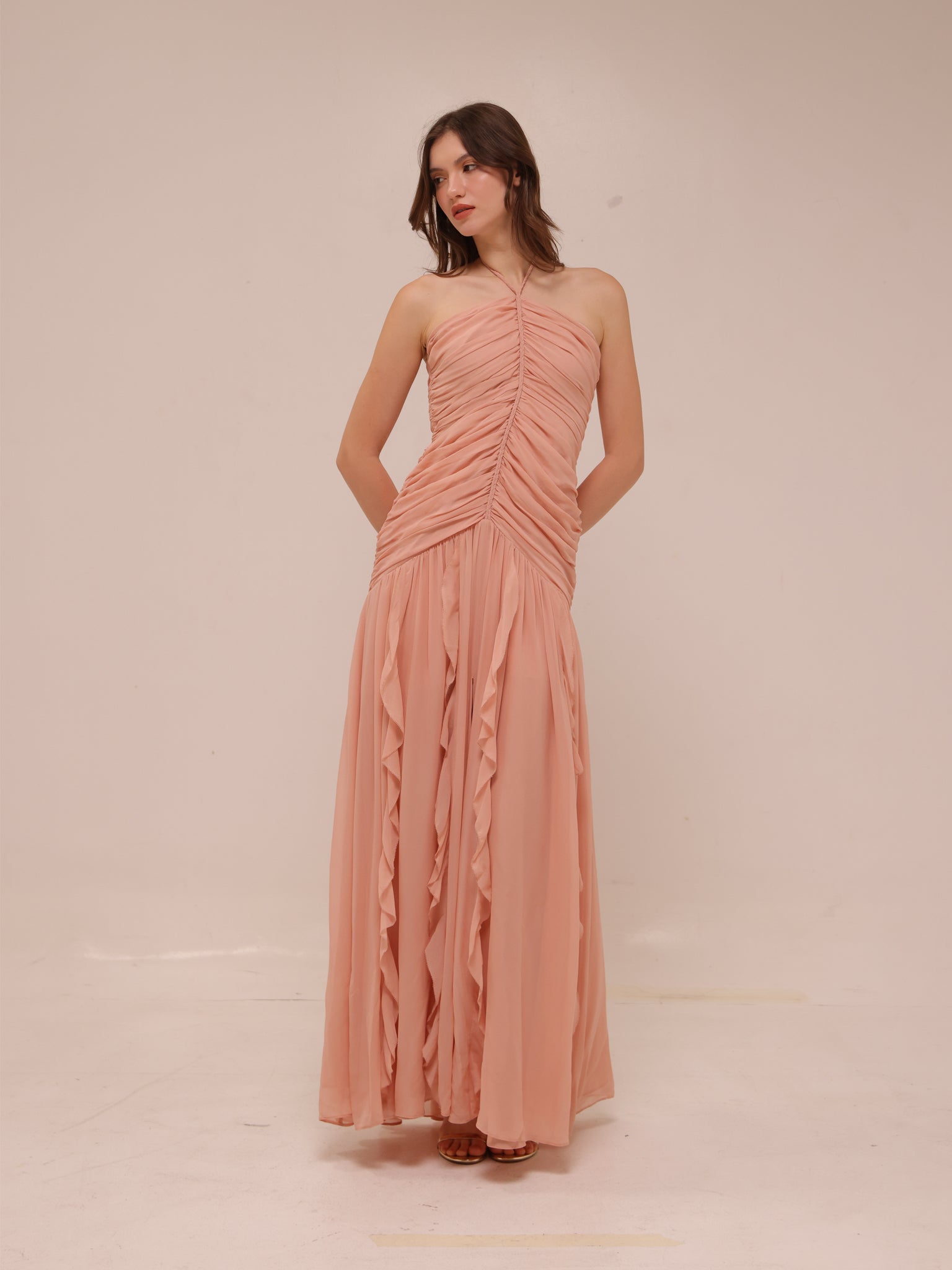 Lucine Ruched Silk Halter Dress