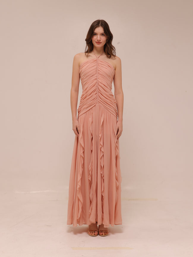 Lucine Ruched Silk Halter Dress