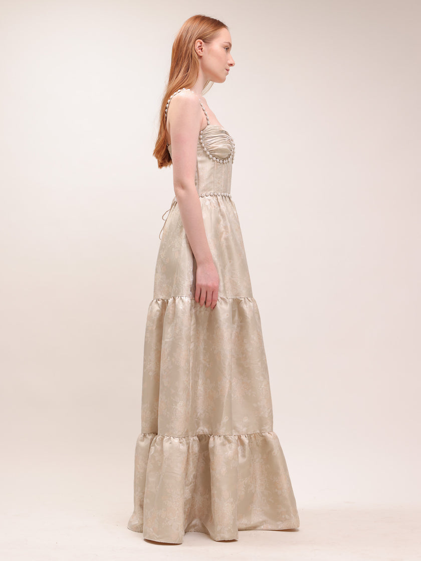 The Lucetta Dress in Taupe Windsor Brocade