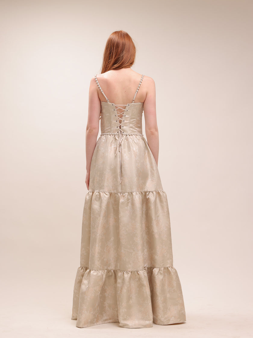 The Lucetta Dress in Taupe Windsor Brocade