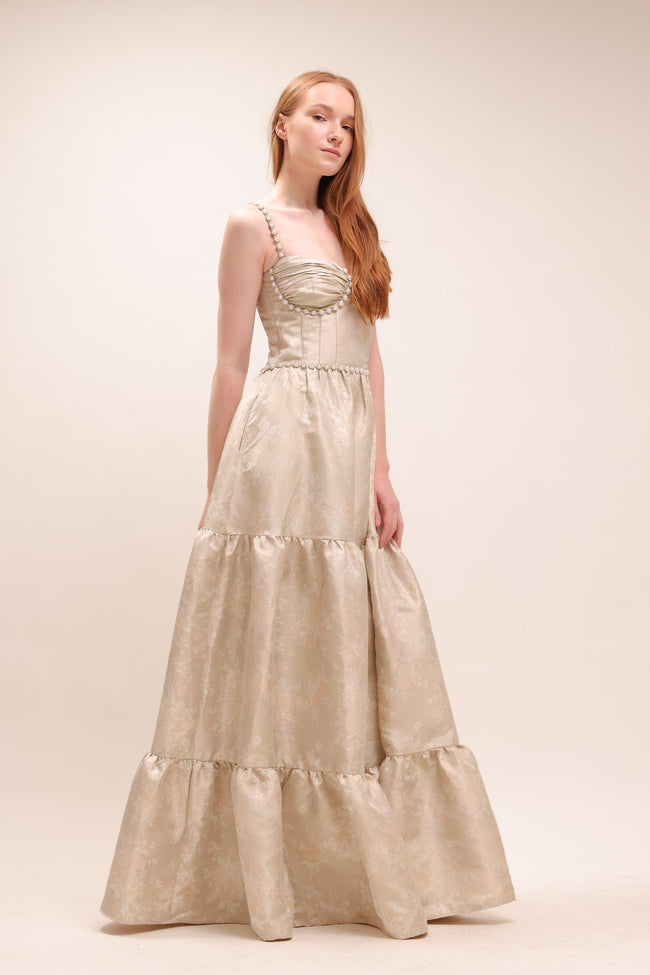 The Lucetta Dress in Taupe Windsor Brocade