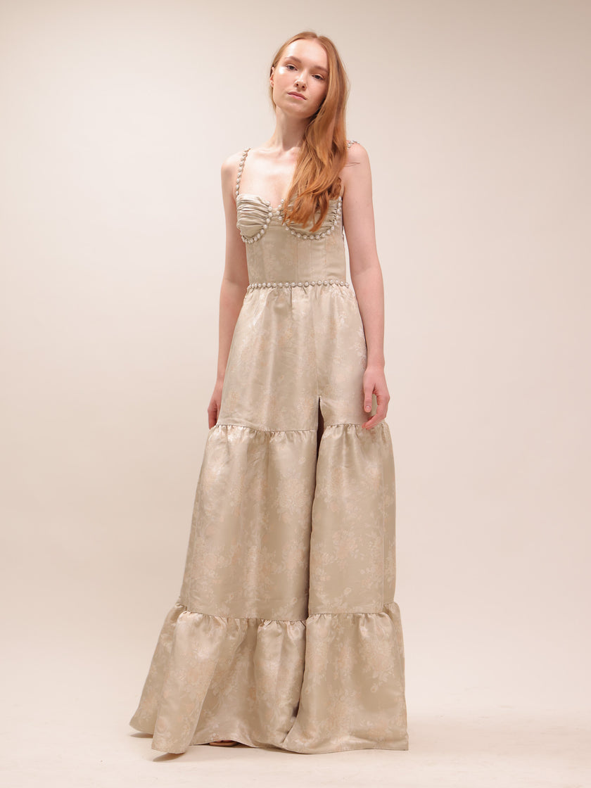 The Lucetta Dress in Taupe Windsor Brocade