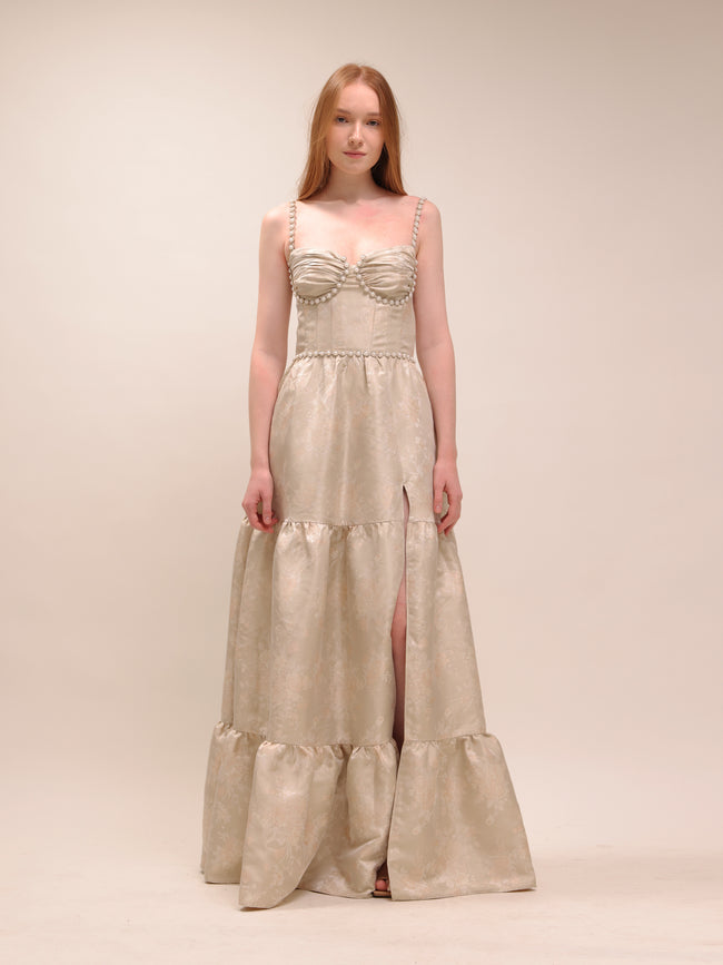 The Lucetta Dress in Taupe Windsor Brocade
