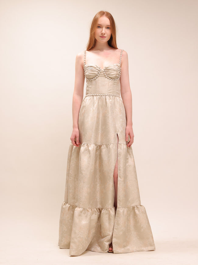 The Lucetta Dress in Taupe Windsor Brocade