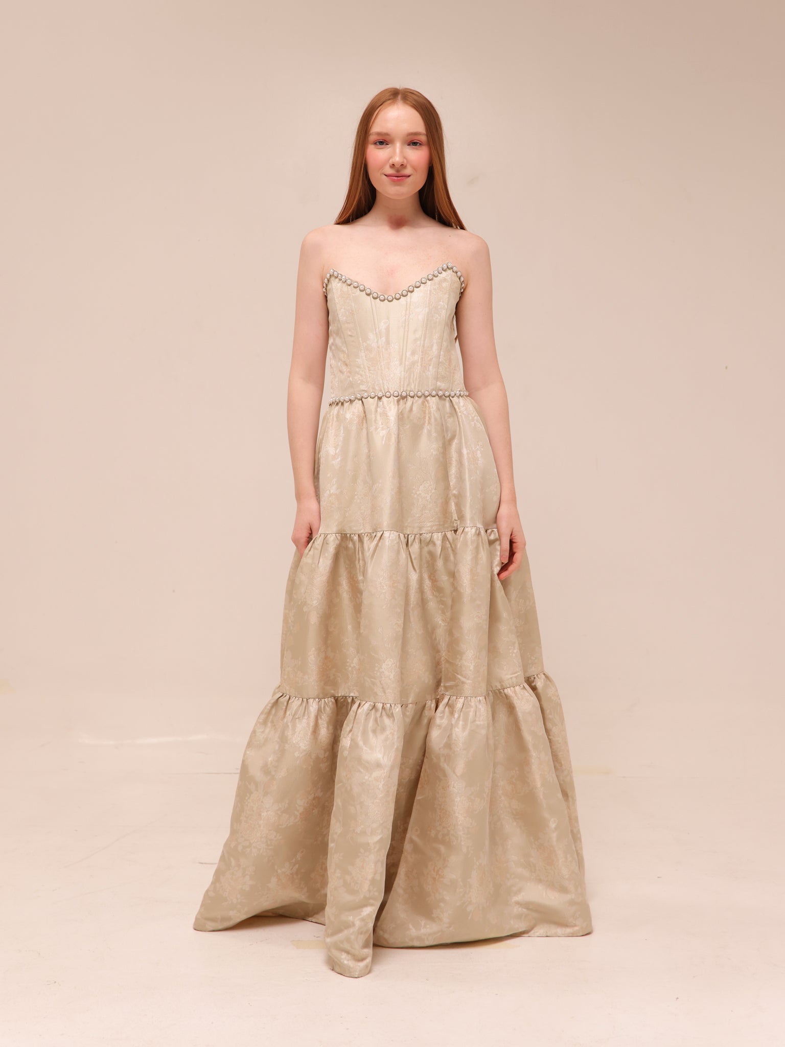 The Vivian Dress in Taupe Windsor Brocade