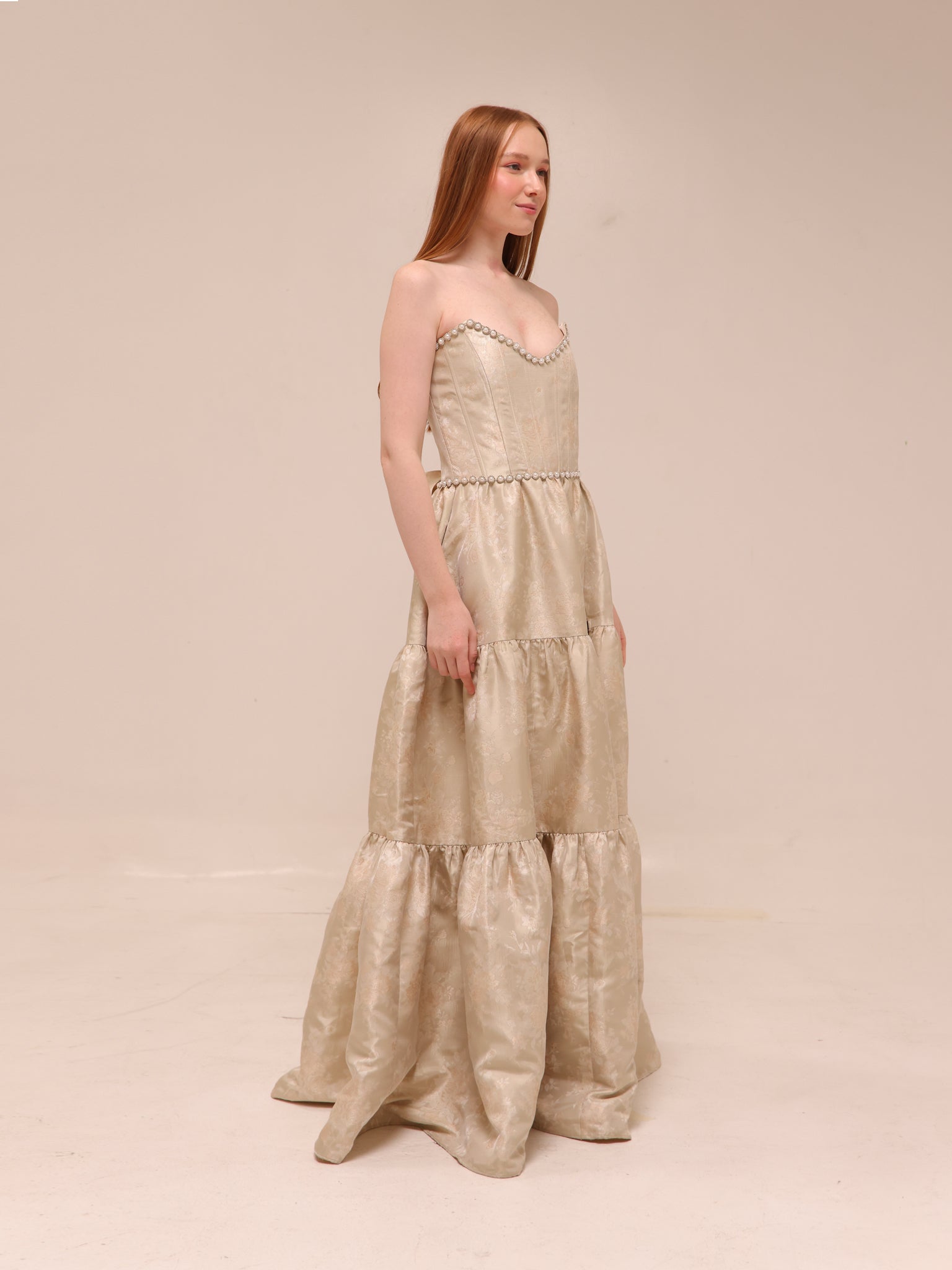 The Vivian Dress in Taupe Windsor Brocade