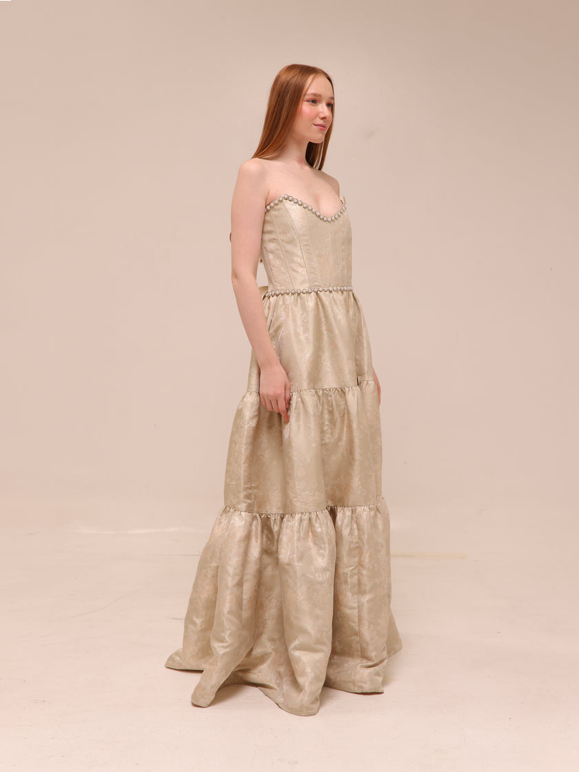 The Vivian Dress in Taupe Windsor Brocade