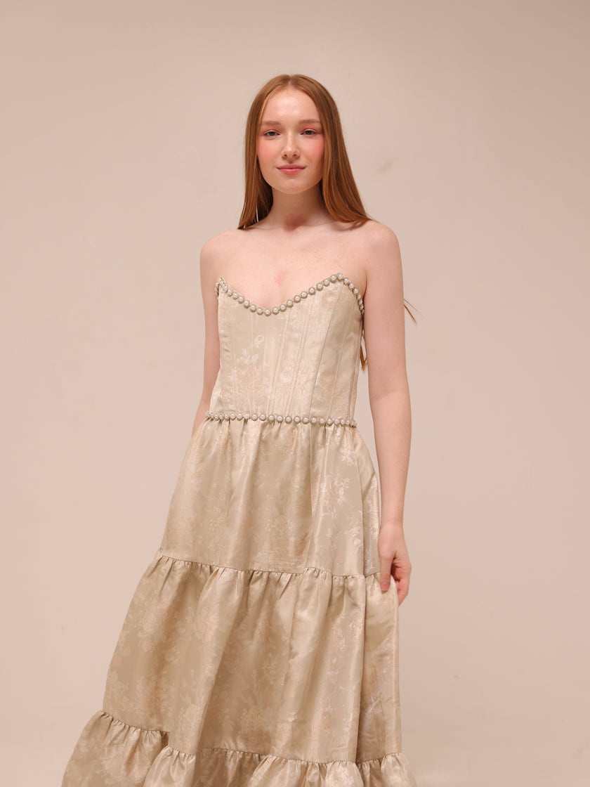 The Vivian Dress in Taupe Windsor Brocade