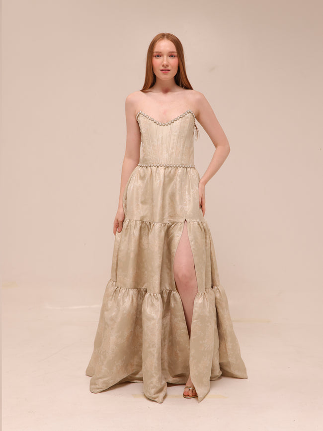 The Vivian Dress in Taupe Windsor Brocade