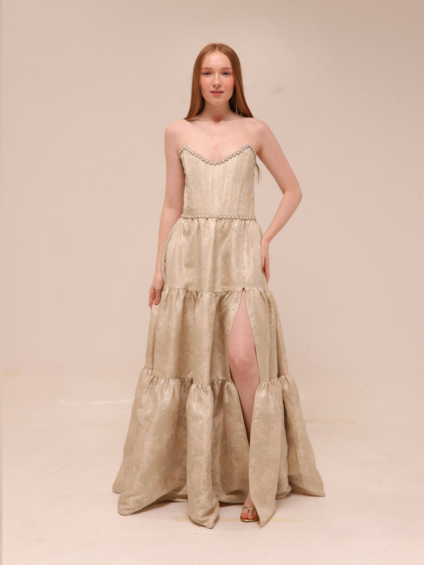 The Vivian Dress in Taupe Windsor Brocade