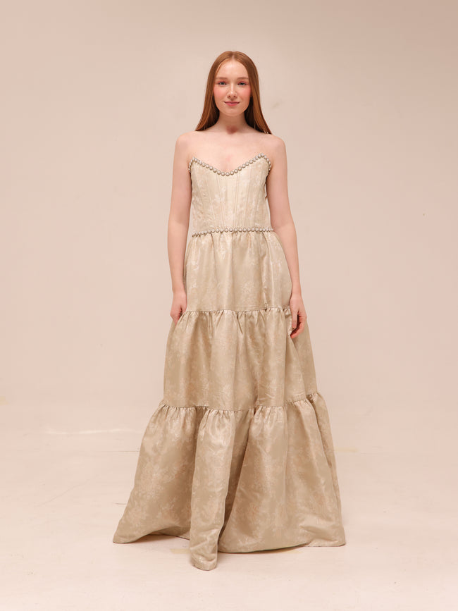 The Vivian Dress in Taupe Windsor Brocade