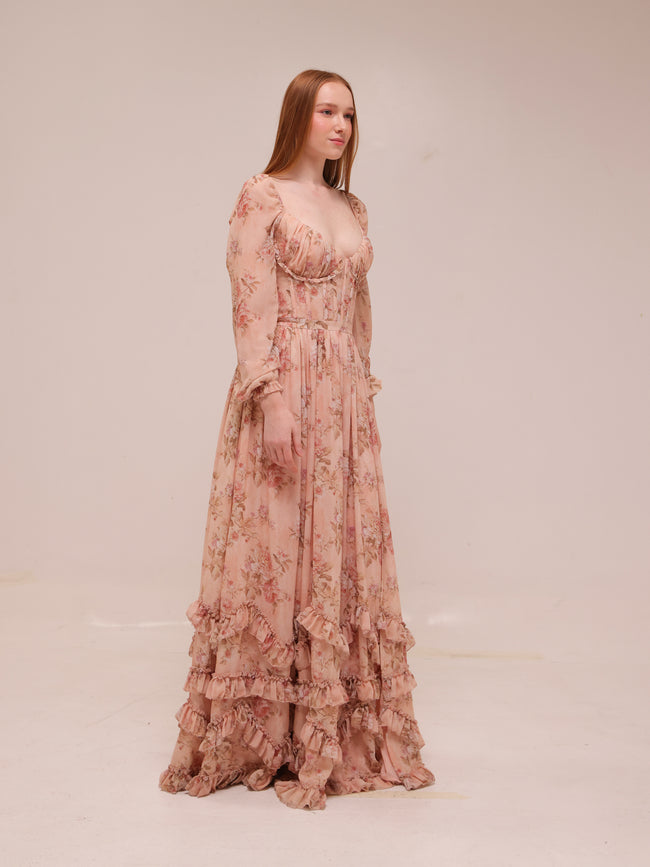 The Carmella Dress in Peach Tapestry