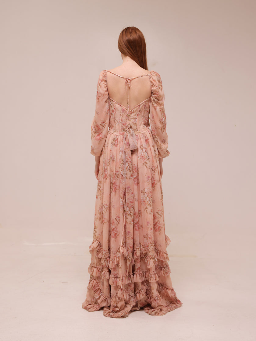 The Carmella Dress in Peach Tapestry