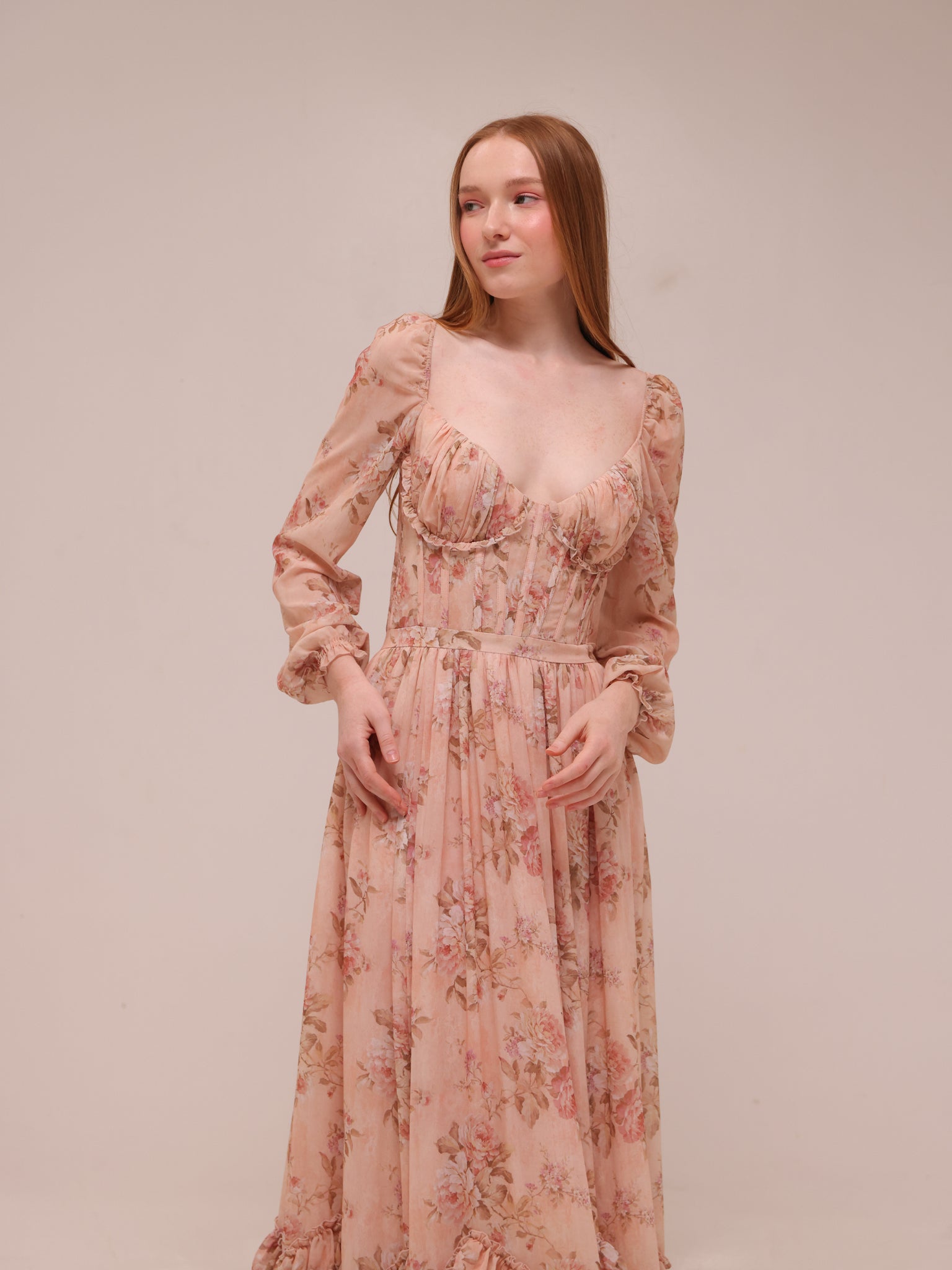 The Carmella Dress in Peach Tapestry