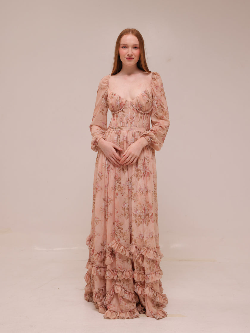 The Carmella Dress in Peach Tapestry