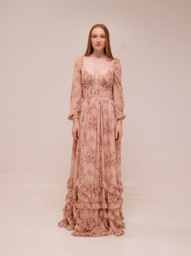 The Carmella Dress in Peach Tapestry