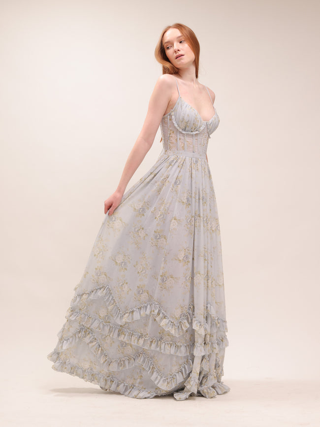 The Carmen Dress in Victorian Blue Roses
