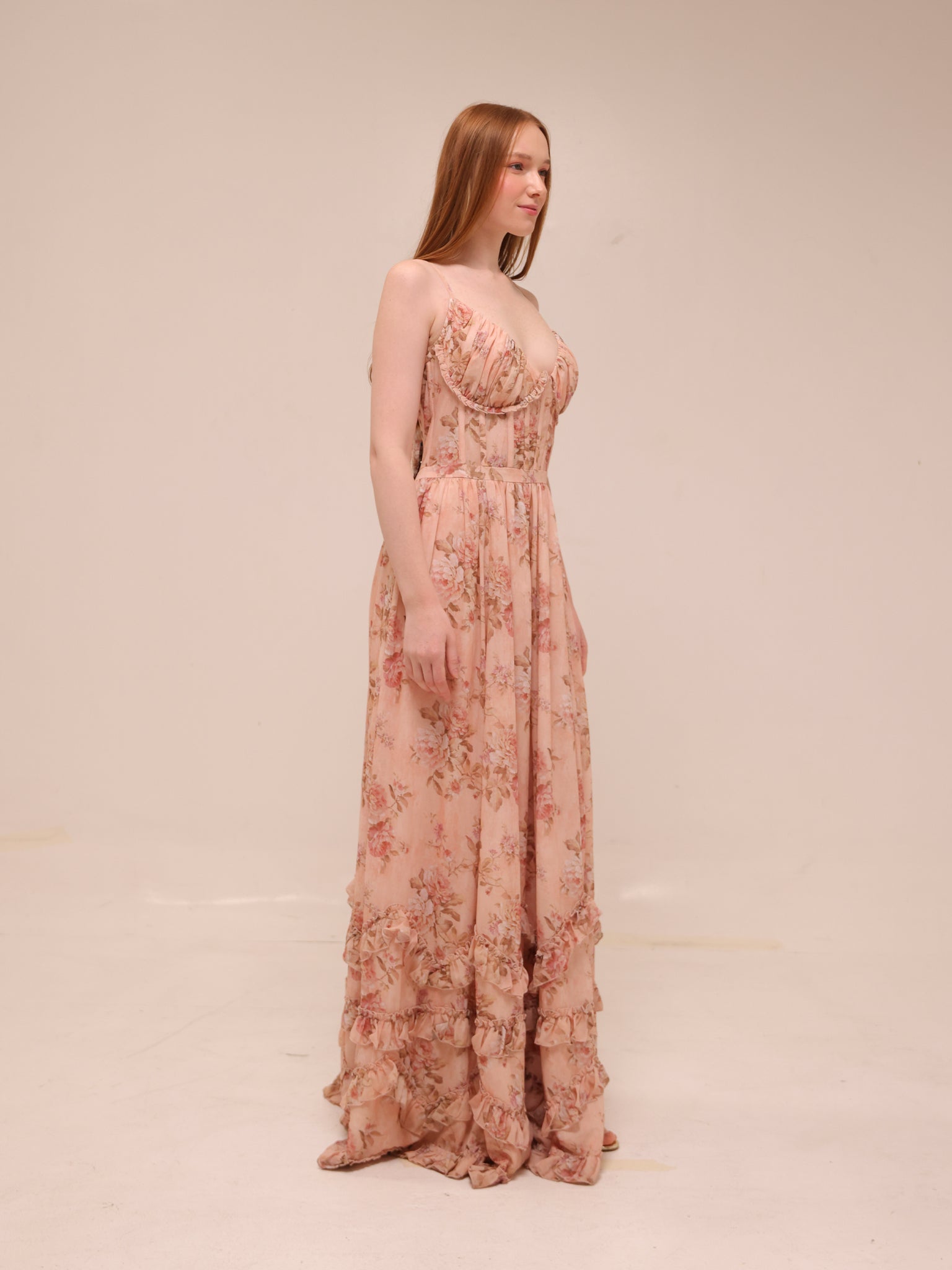 The Carmen Dress in Peach Tapestry