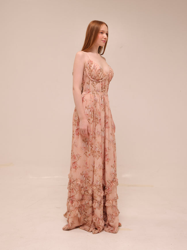 The Carmen Dress in Peach Tapestry