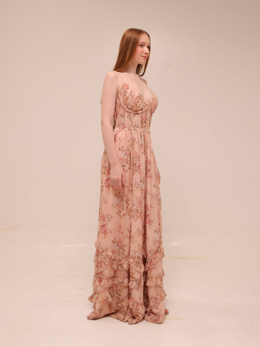 The Carmen Dress in Peach Tapestry