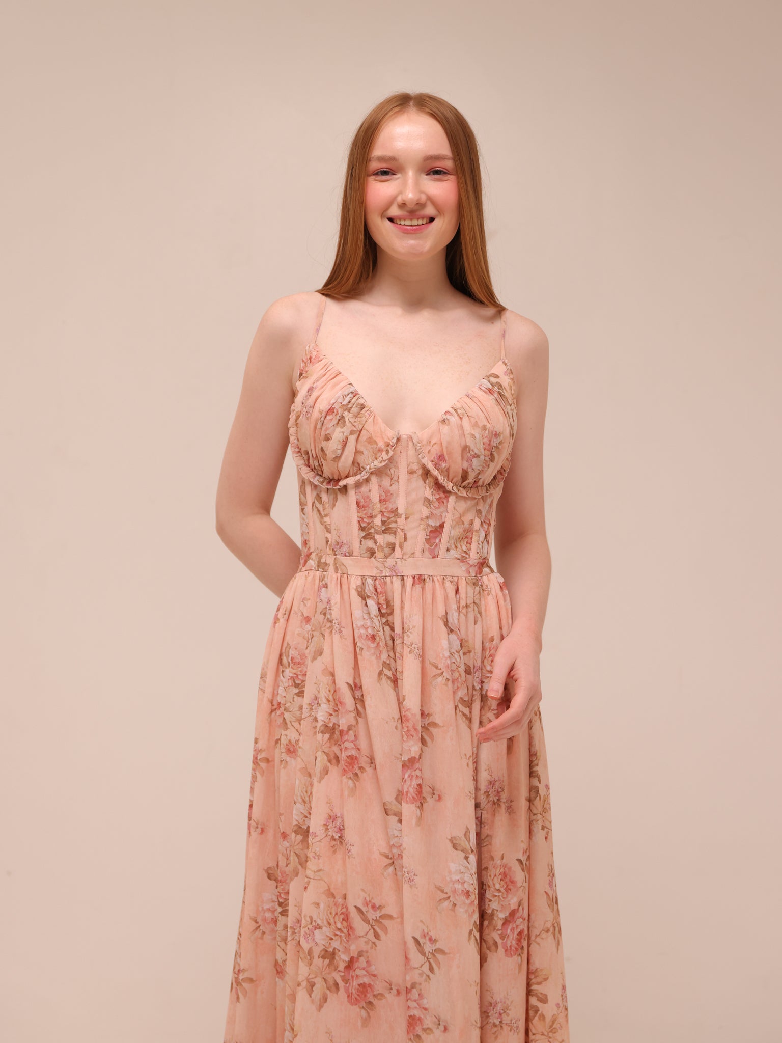 The Carmen Dress in Peach Tapestry