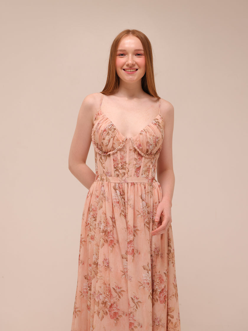 The Carmen Dress in Peach Tapestry